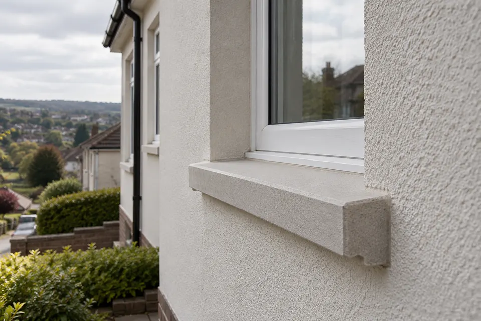 Illustrative close view of textured render at a window and projecting sill